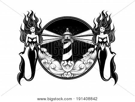Vector hand drawn illustration of lighthouse with rays and waves. Tattoo artwork with mermaids. Template for card poster banner print for t-shirt.