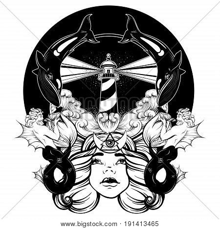 Vector hand drawn illustration of lighthouse with rays and waves. Tattoo artwork with portrait of pretty girl whales tritons. Template for card poster banner print for t-shirt.