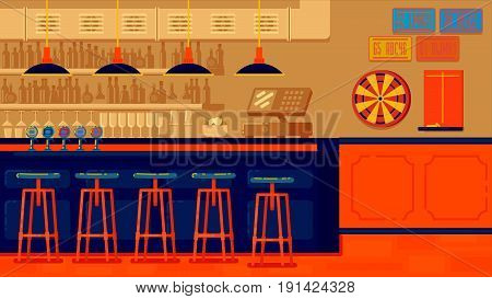Bar Restaurant with counter in flat style. banner of interior with bar counter, bar chairs and shelves with alcohol.