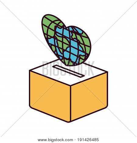 silhouette color sections side view a globe earth world in heart shape to deposit in cardboard box. vector illustration