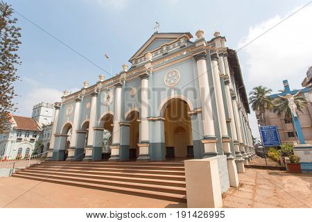 MANGALORE, INDIA - FEB 24, 2017: Front of St. Aloysius Chapel in old Rome style build in 1878 by Jesuits on February 24, 2017. With population of 500,000 Mangalore is chief port city of Karnataka state
