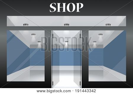 Shop with glass windows and doors, front view. Part of set. Vector exterior.