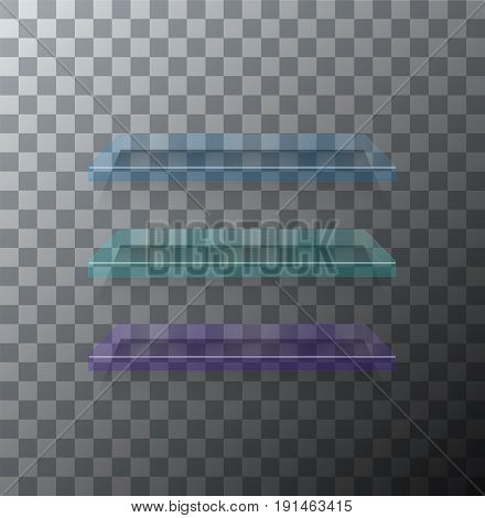 Vector modern flass shelfs set on transparent background.