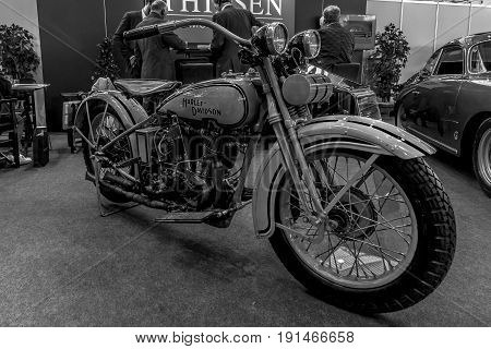 STUTTGART GERMANY - MARCH 02 2017: Motorcycle Harley-Davidson Type JD 1929. Black and white. Europe's greatest classic car exhibition 