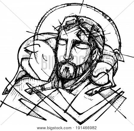 Hand drawn vector illustration or drawing of Jesus Christ and a sheep