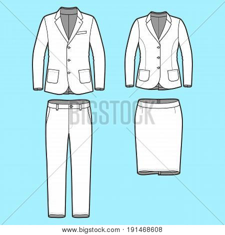Blank Mens and Womens clothing set in white colors. Blank template of classic blazers, pants and skirt in front view. Casual style. Workwear suits. Vector illustration for your fashion design.