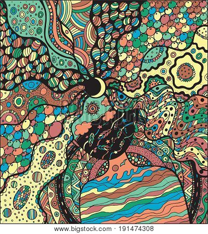Colorful version of coloring vector page with surreal girl for Mother Earth Day 22 April. Graphic illustration with Earth Goddess. Doodle and zentangle drawing art for adult and children.