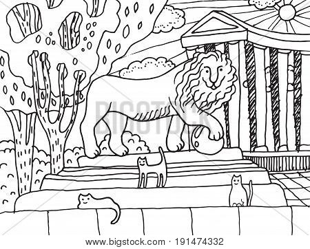 Monument with lion and cats on him in Odessa. City landscape with colonnade - vector coloring page for adults. Graphic illustration for coloring book card poster and design