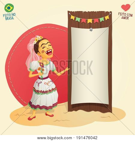 Brazilian June Party hick bride holding blank thematic board - Made in Brazil - Made with love - High quality detailed vector cartoon for june party themes.