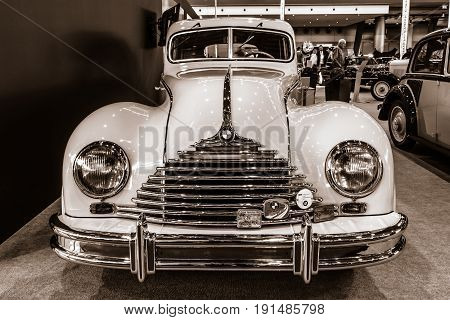 STUTTGART GERMANY - MARCH 02 2017: Vintage car Awtovelo EMW/BMW 340-2 1952. Toning. Sepia. Europe's greatest classic car exhibition 