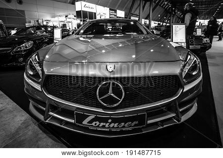 STUTTGART GERMANY - MARCH 02 2017: Sports car Mercedes-Benz SL350 (R231) 2012. Black and white. Europe's greatest classic car exhibition 