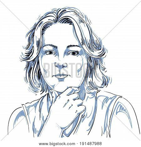 Portrait of delicate good-looking woman thinking about something black and white vector drawing. Emotional expressions idea image.