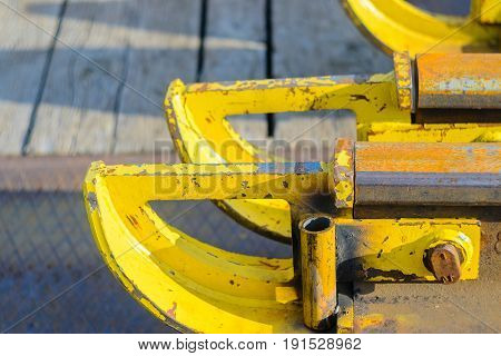 Railhead elements. Transportation of long new rails on a freight car. Endless path. The rail lash. Special load.