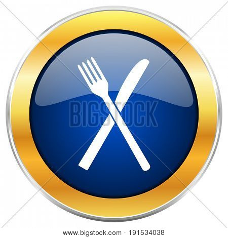 Restaurant blue web icon with golden chrome metallic border isolated on white background for web and mobile apps designers.
