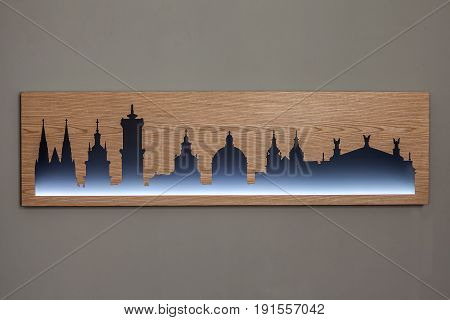 Cityline Of Lviv Old City Carved In Wood With Light