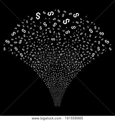 Source stream of dollar symbols. Vector illustration style is flat white iconic symbols on a black background. Object salute constructed from scattered symbols.