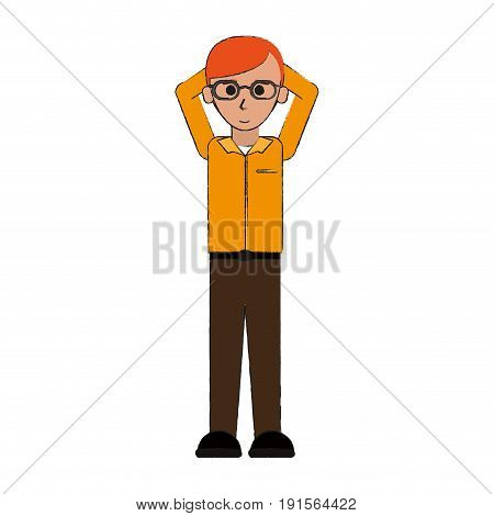 young happy man with glasses in casual outfit putting his arms behind his head  icon image vector illustration design