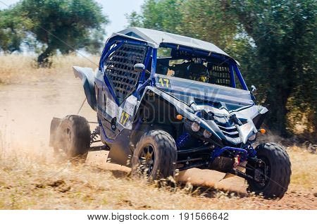 EXTREMADURA SPAIN - JUN 17: Driver and codriver Participing in TT Spanish Rally Championship. Badajoz Dehesa de Extremadura.