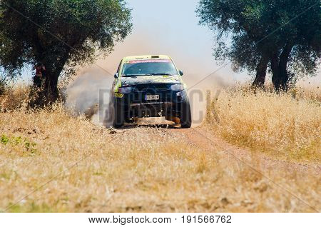 EXTREMADURA SPAIN - JUN 17: Driver and codriver Participing in TT Spanish Rally Championship. Badajoz Dehesa de Extremadura.