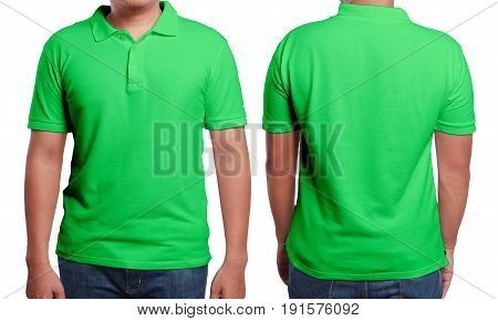 Green polo t-shirt mock up front and back view isolated. Male model wear plain green shirt mockup. Polo shirt design template. Blank tees for print