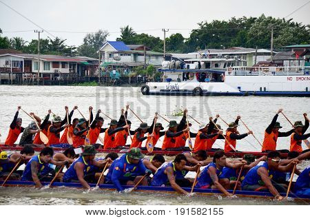 Thai People Join Match And Competition In Thailand Traditional Long Boat Racing Festival