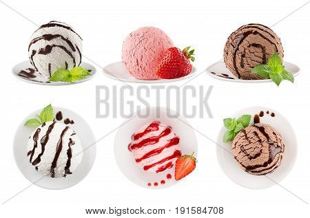 Ice cream scoops set of six different colors decorated chocolate sauce mint strawberry. Isolated on white background.