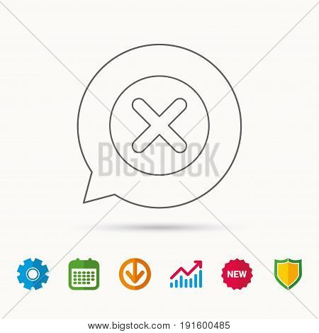 Delete icon. Decline or Remove sign. Cancel symbol. Calendar, Graph chart and Cogwheel signs. Download and Shield web icons. Vector