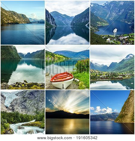 Collage Norway natural summer waterscapes and landscapes.