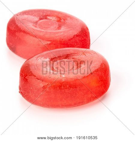 Two colorful fruit hard sugar candies,  boiled sweeties or sugar plums isolated on white background cutout