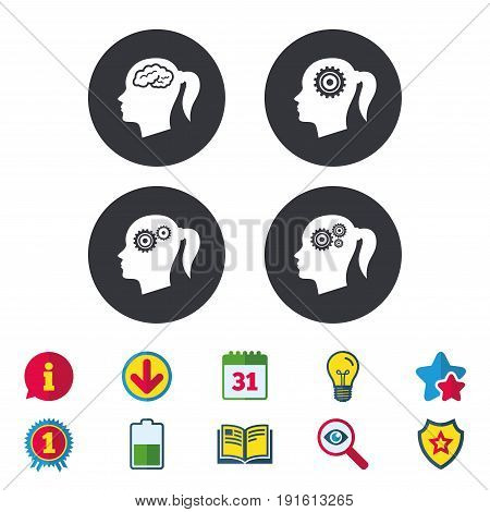 Head with brain icon. Female woman think symbols. Cogwheel gears signs. Calendar, Information and Download signs. Stars, Award and Book icons. Light bulb, Shield and Search. Vector