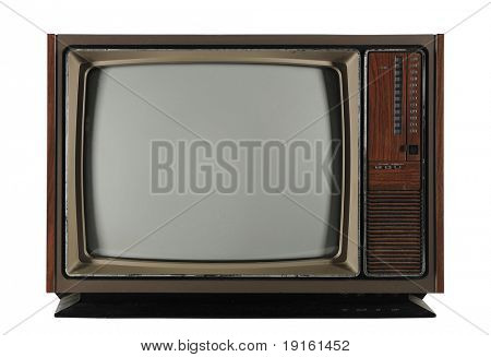 Televisor Vintage viejo aislado sobre un fondo blanco y con trazado de recorte