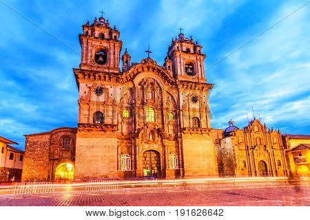 Cusco Peru - Plaza de Armas and Church of the Society of Jesus or Iglesia de la Compania de Jesus