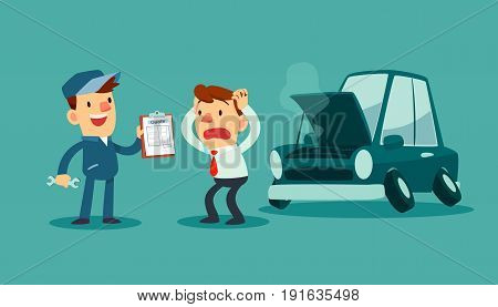 Auto mechanic show quote for car repair to his client. Auto business concept.