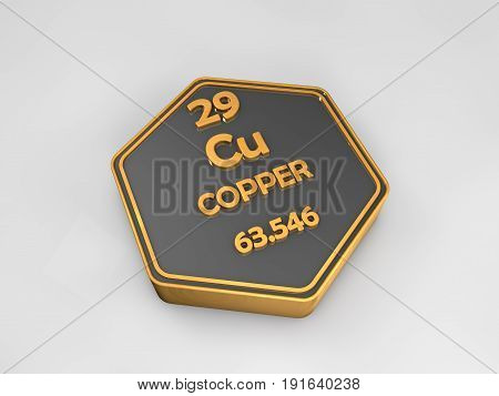 Copper - Cu - chemical element periodic table hexagonal shape 3d render