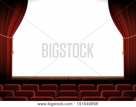 White screen in the cinema with a stage and chairs. Art background. Stock vector illustration.