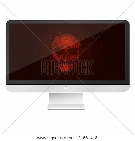 Modern high-tech computer isolated on white background. A glowing red skull from the programming tags. Hackers broke the system. Vector illustration. EPS 10