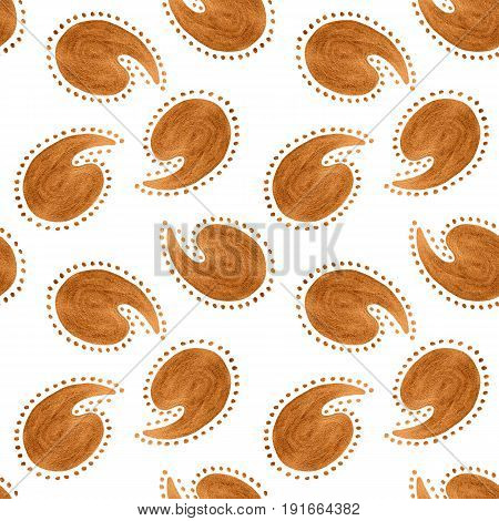 Hand drawn abstract golden seamless pattern.Comma shape.White isolated background.