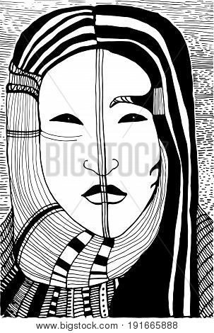 Vector black and white illustration, graphic, abstract, cyber, beautiful girl face. Black and white background