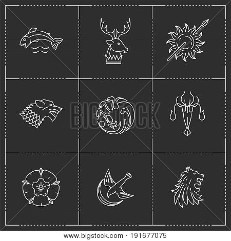 Lion, wolf, dragon, rose, octopus, fish, deer, bird, sun icons in thin outline style. Vector illustration