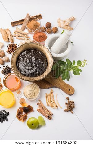 Indian Ayurvedic dietary supplement called Chyawanprash / chyavanaprasha is a cooked mixture of sugar, honey, ghee, Indian Gooseberry (amla), jam, sesame oil, berries, herbs and various spices