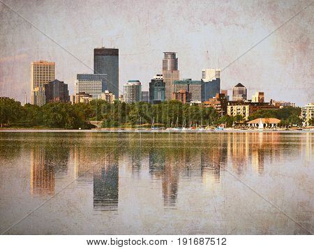 Minneapolis Skyscrapers Reflecting In Lake Calhoun With Vintage Effects