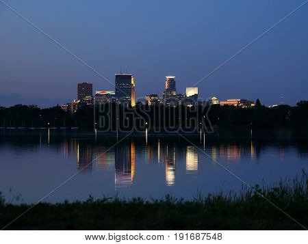 Minneapolis Skyline Reflecting in Lake Calhoun at Night