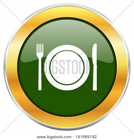 Restaurant green glossy round icon with golden chrome metallic border isolated on white background for web and mobile apps designers.