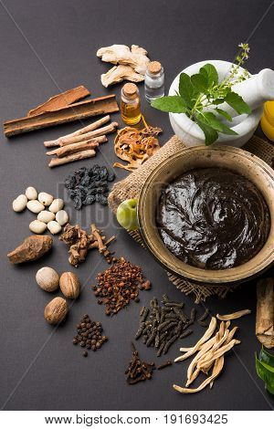 Indian Ayurvedic dietary supplement called Chyawanprash / chyavanaprasha  is a cooked mixture of sugar, honey, ghee, Indian Gooseberry (amla), jam, sesame oil, berries, herbs and various spices