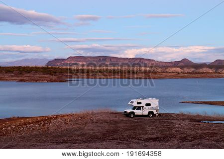 Camper Parked on Lake Pleasant Shoreline in Peoria, Arizona
