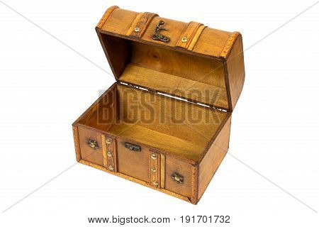 Open old wooden chest isolated on white background with clipping path