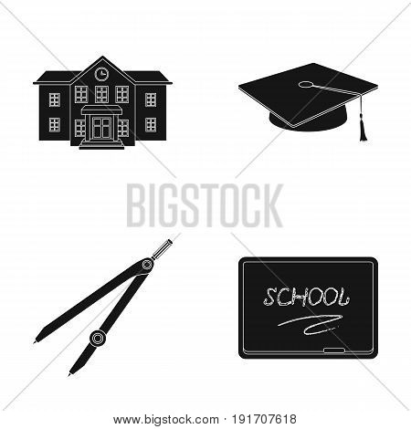 School building, college with windows, a master's or applicant's hat, compasses for a circle, a board with a chalk school inscription. School and education set collection icons in black style vector symbol stock illustration .