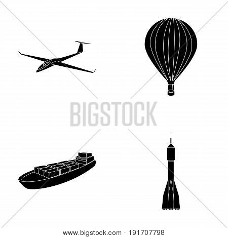 A drone, a glider, a balloon, a transportation barge, a space rocket transport modes. Transport set collection icons in black style vector symbol stock illustration .