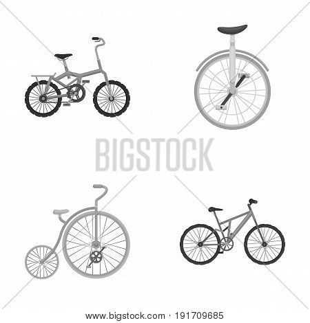 Retro, unicycle and other kinds.Different bicycles set collection icons in monochrome style vector symbol stock illustration .
