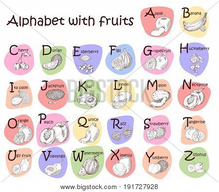 Alphabet for kids with fruits. English ABC. Cute modern template.